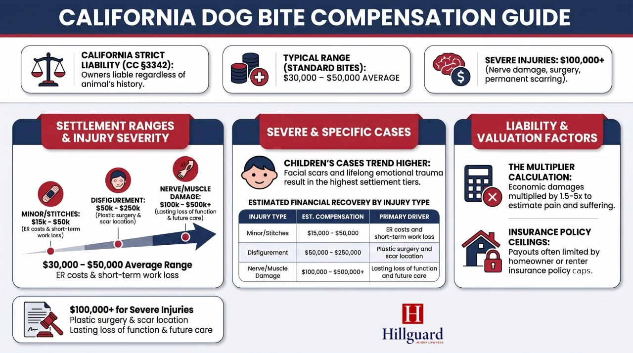 California dog bite compensation guide infographic showing settlement ranges, injury severity, and liability factors