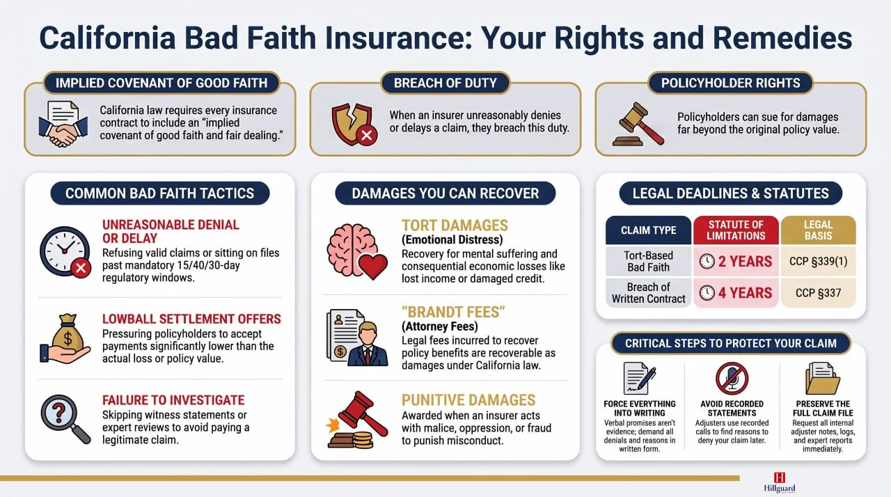 California Bad Faith Insurance infographic: the implied covenant of good faith, common bad faith tactics, damages you can recover, legal deadlines, and steps to protect your claim