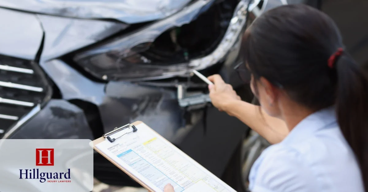 Insurance adjuster inspecting vehicle damage while documenting a California insurance claim