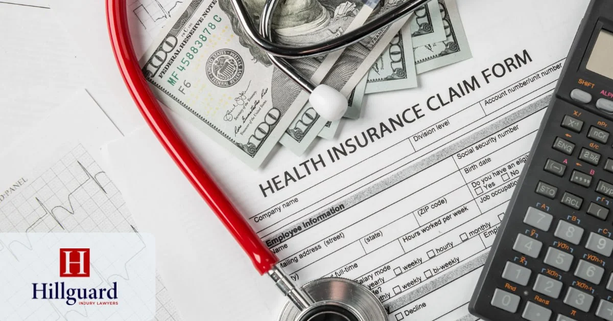 Health insurance claim form with money and a calculator — dog bite case costs