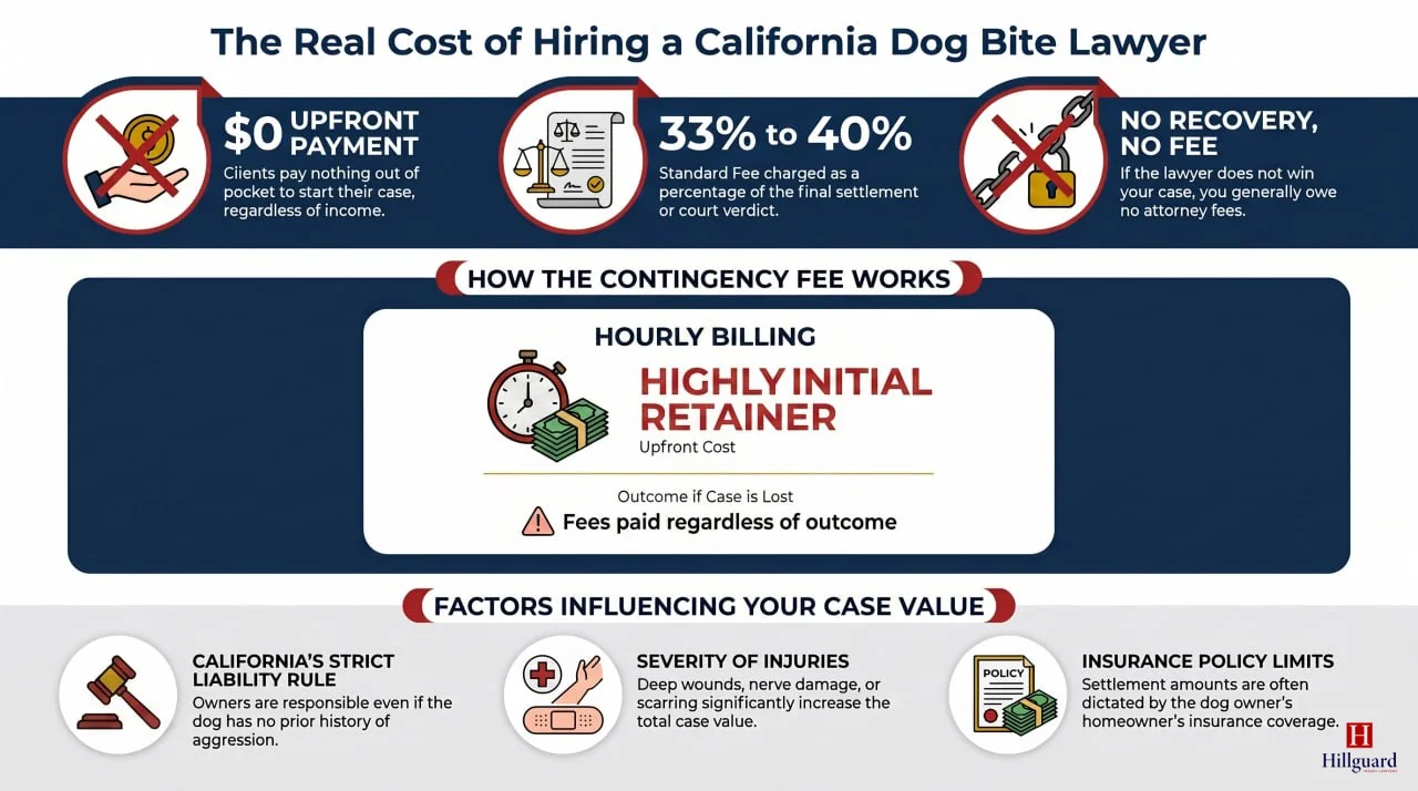 Infographic: the real cost of hiring a California dog bite lawyer — $0 upfront, 33–40% contingency fee, no recovery no fee, and factors influencing case value