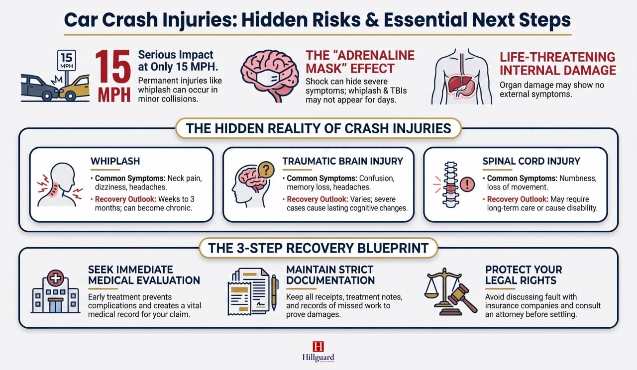 Infographic: car crash injuries — hidden risks (serious impact at 15 mph, the adrenaline mask effect, life-threatening internal damage), the most common injuries (whiplash, traumatic brain injury, spinal cord injury), and a 3-step recovery blueprint