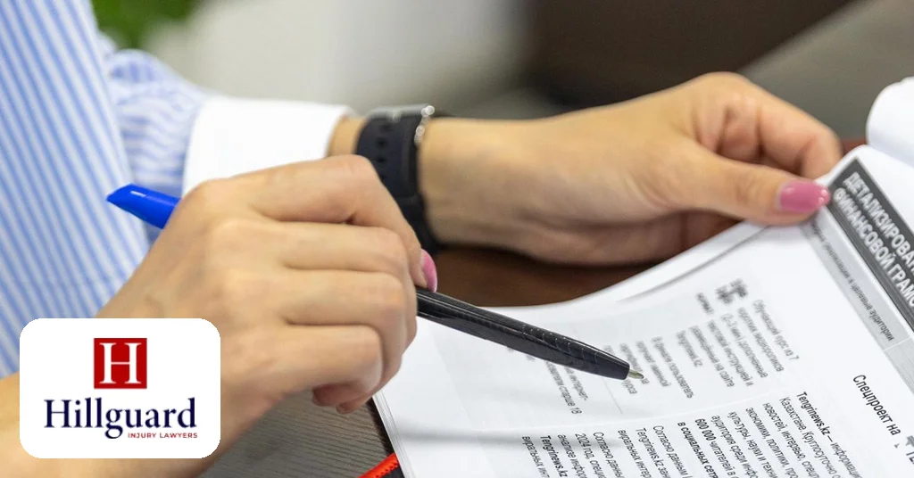 Hands reviewing documents with a calculator — calculating dog attack compensation