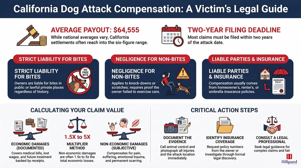 Infographic: California dog attack compensation — average payout, 2-year filing deadline, strict liability vs negligence, liable parties & insurance, how claim value is calculated, and critical action steps