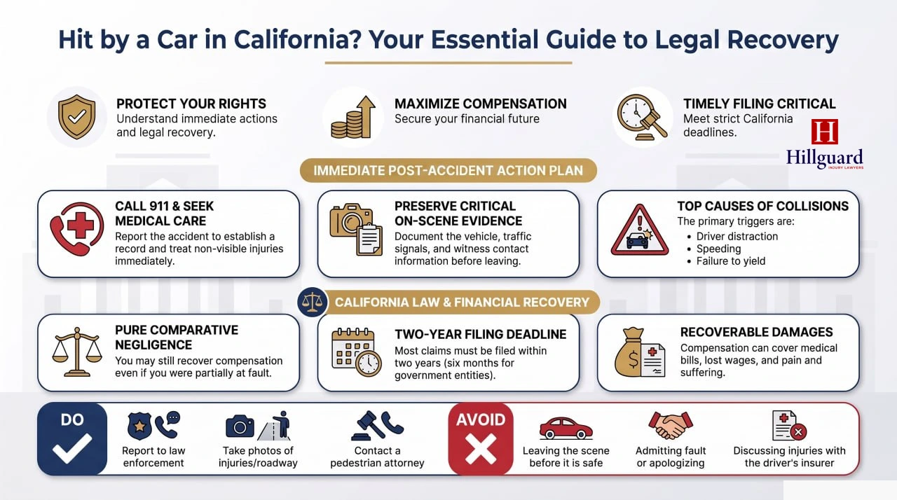 Infographic: Hit by a car in California, your essential guide to legal recovery, covering immediate post-accident steps, California comparative negligence law, the two-year filing deadline, recoverable damages, and what to do and avoid
