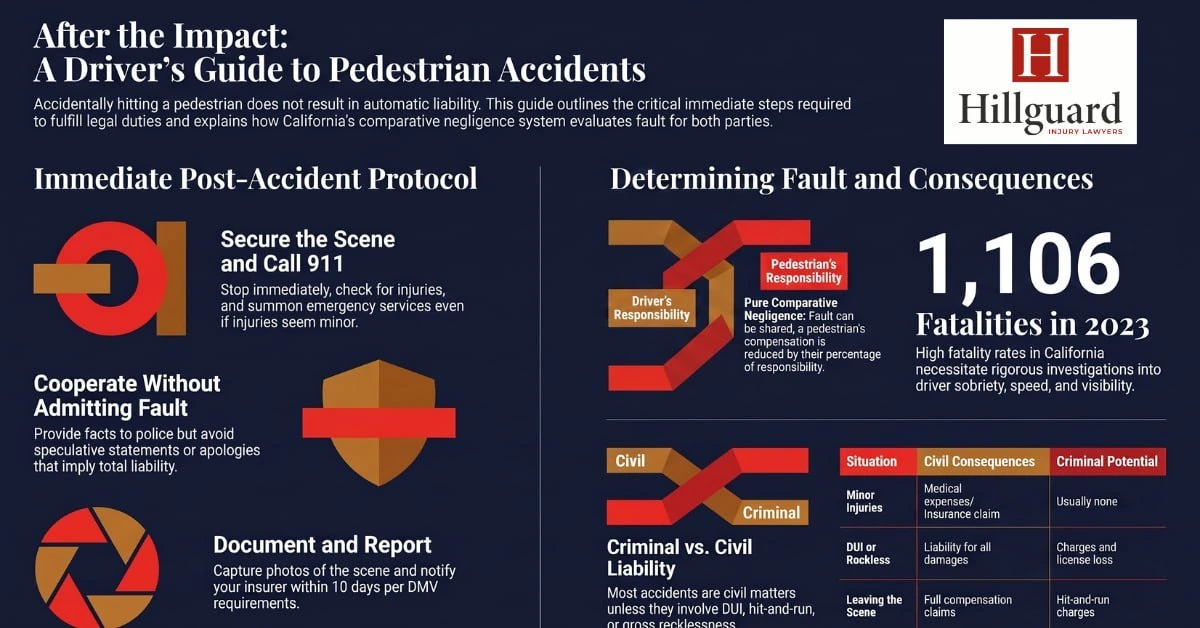 After the Impact: A Driver's Guide to Pedestrian Accidents — infographic by Hillguard Injury Lawyers summarizing the immediate post-accident protocol (secure the scene and call 911, cooperate without admitting fault, document and report) and how California determines fault and consequences under comparative negligence, including civil versus criminal liability.