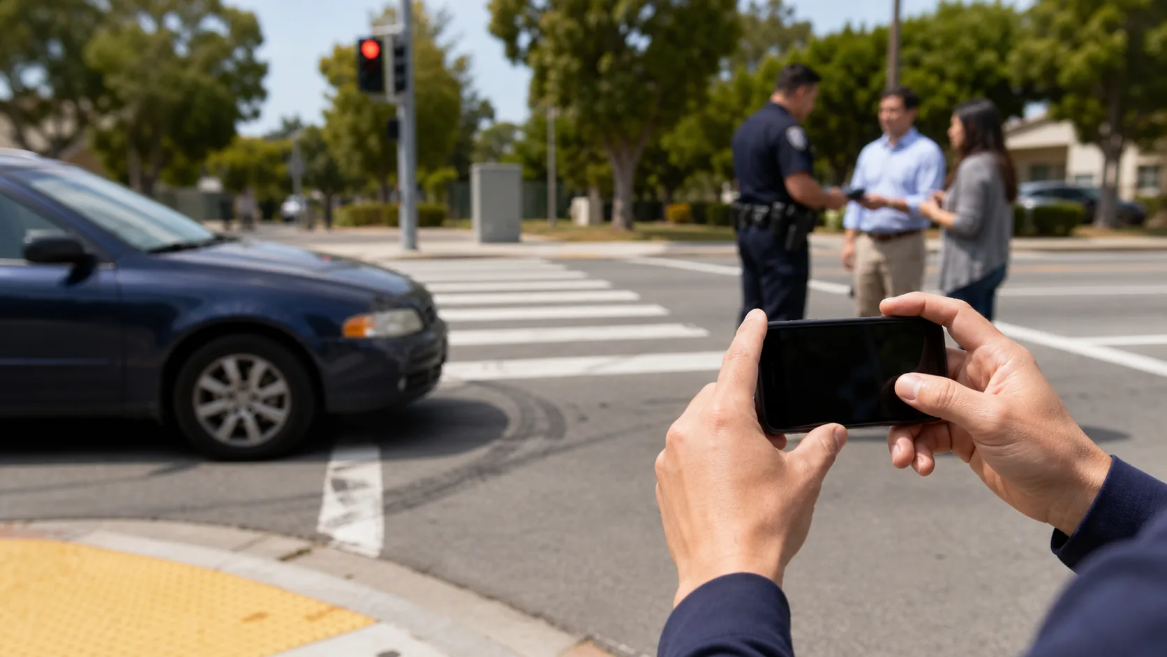 Witness photographing a pedestrian accident scene, vehicle position, crosswalk, and police response