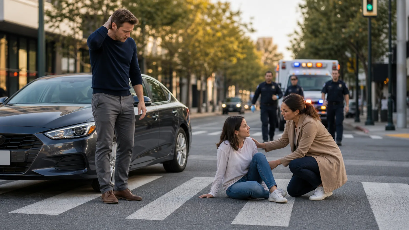 Driver stopped at a California crosswalk while emergency responders assist a pedestrian after a collision