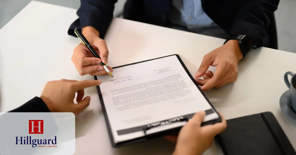 Attorney and client reviewing a written contingency fee agreement over a clipboard before signing