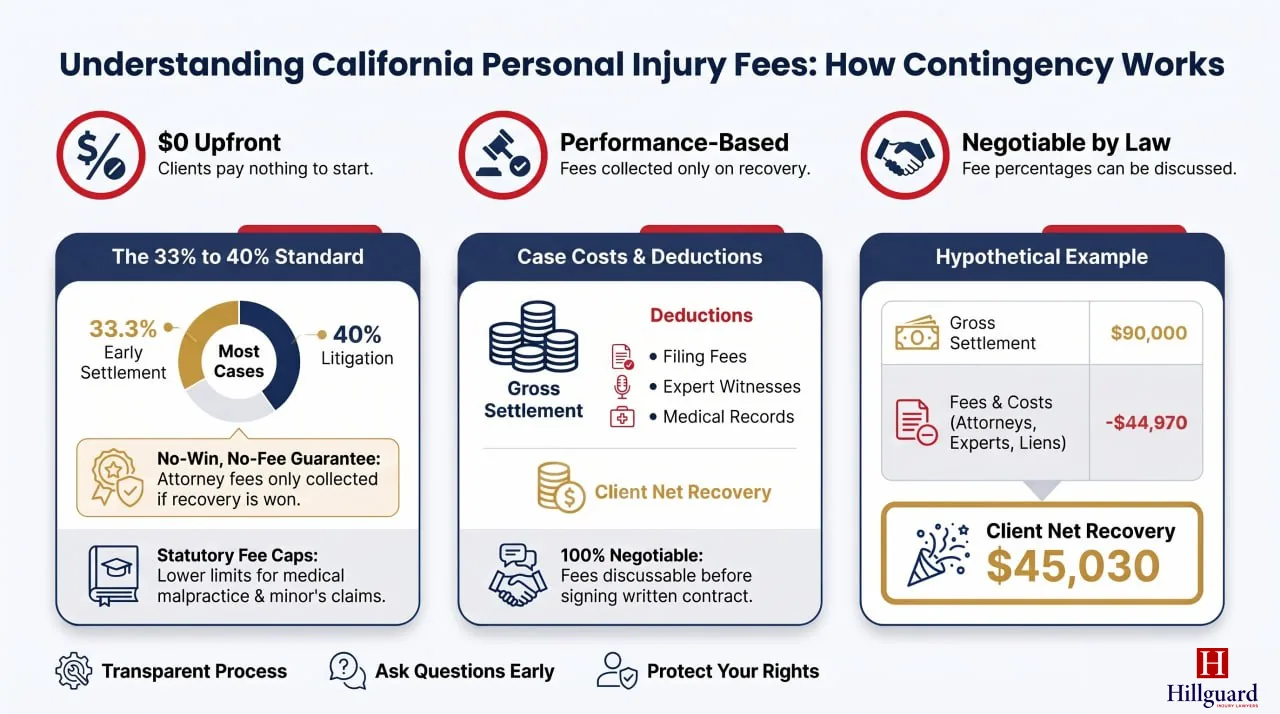 Infographic explaining how California personal injury contingency fees work: 33% to 40% standard, case costs and deductions, and a hypothetical $90,000 settlement netting $45,030