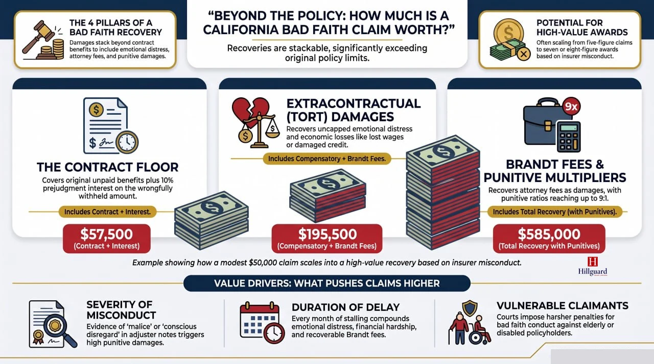 Infographic on how much a California bad faith insurance claim is worth: the contract floor, tort damages, Brandt fees, punitive multipliers, and the value drivers