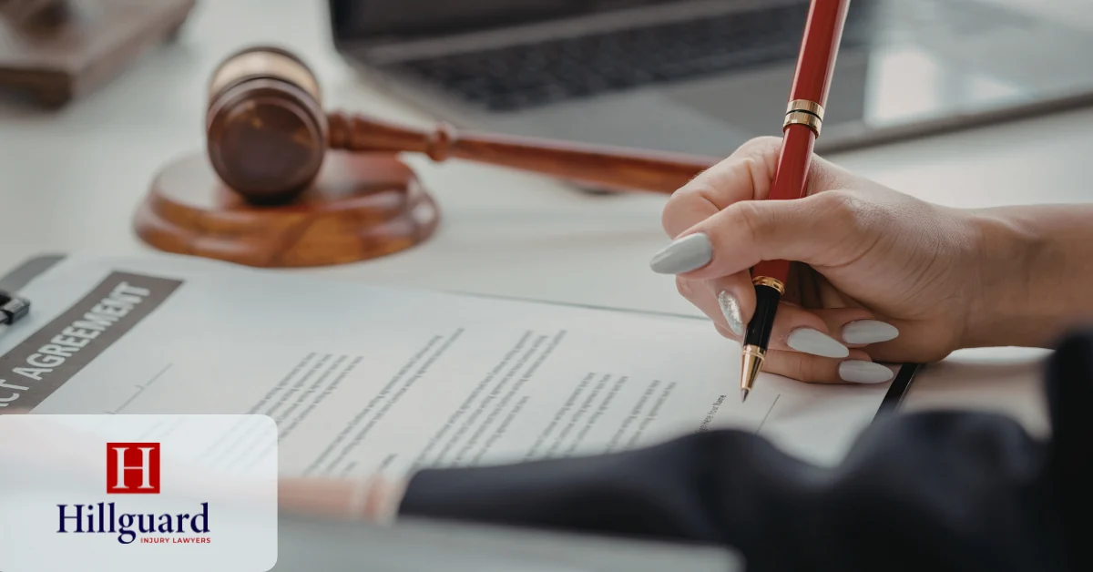 Signing a settlement agreement with a gavel nearby, representing how a California bad faith insurance claim is valued and resolved