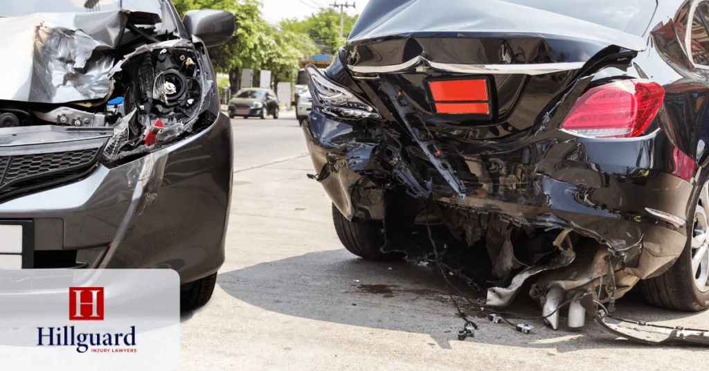 Severe rear-end car accident showing vehicle damage in California.