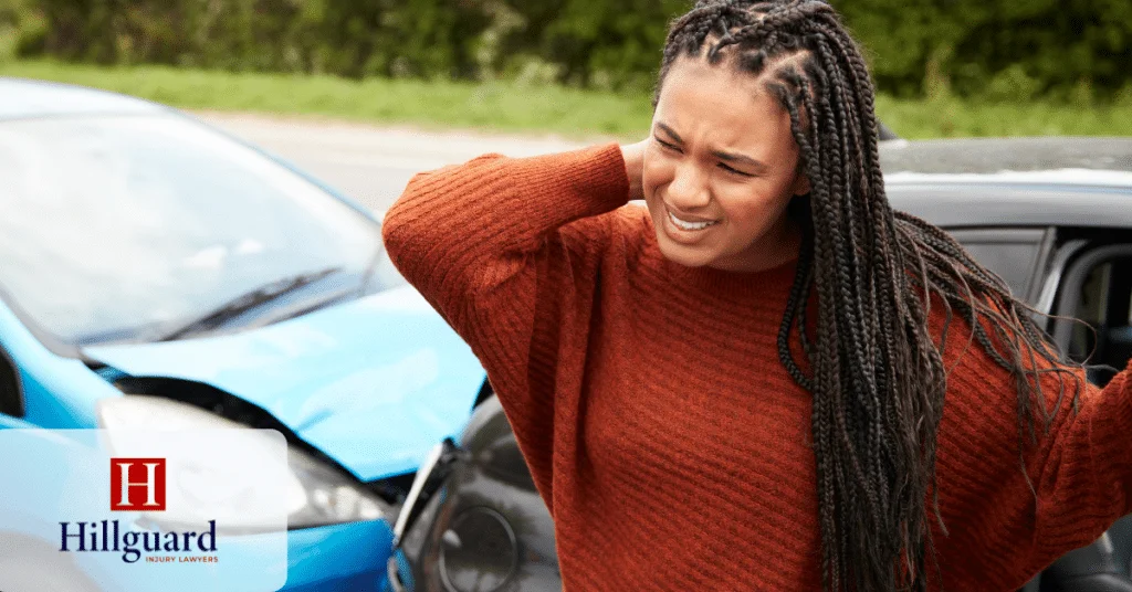 Woman suffering neck injury after car accident in California.