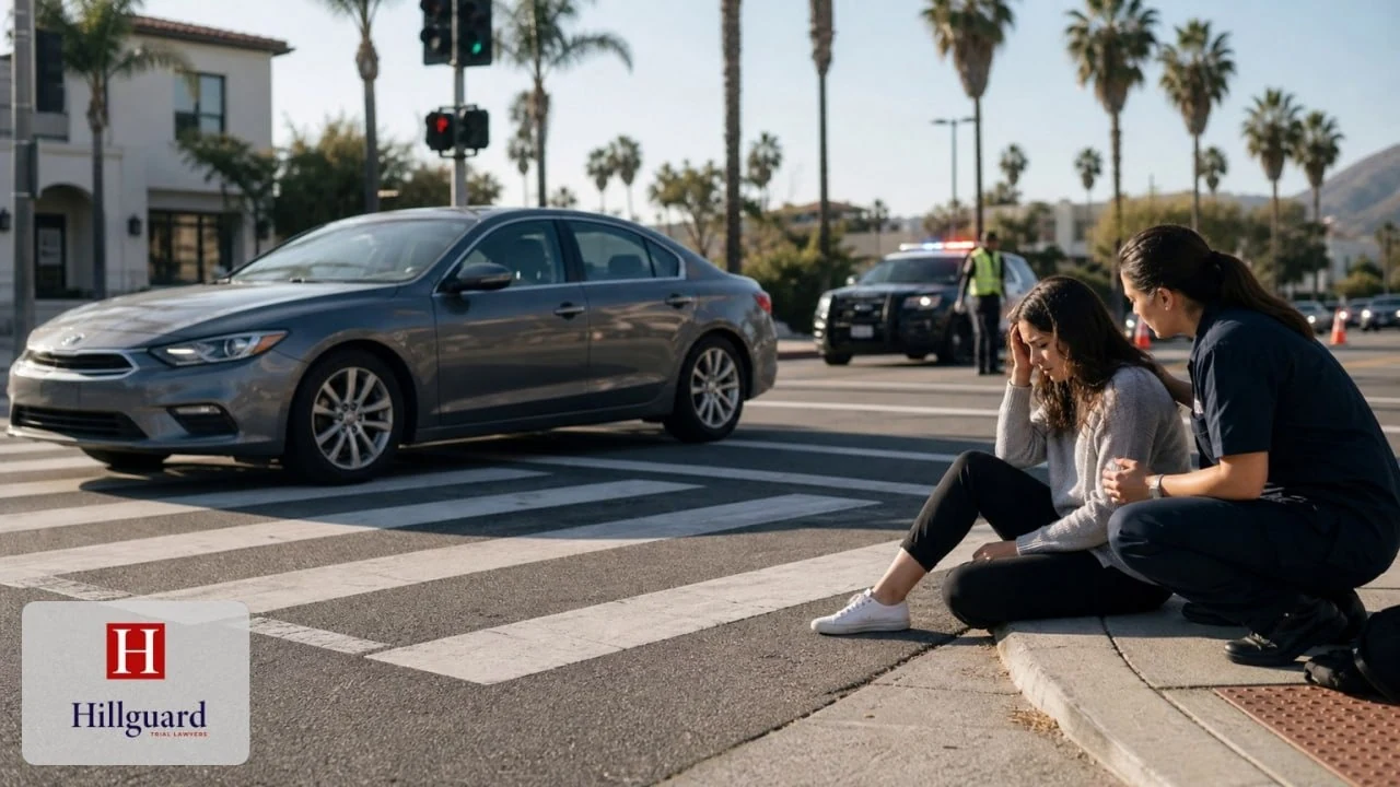 Injured pedestrian sitting at the kerb beside a marked crosswalk while a paramedic checks on her, police at the scene