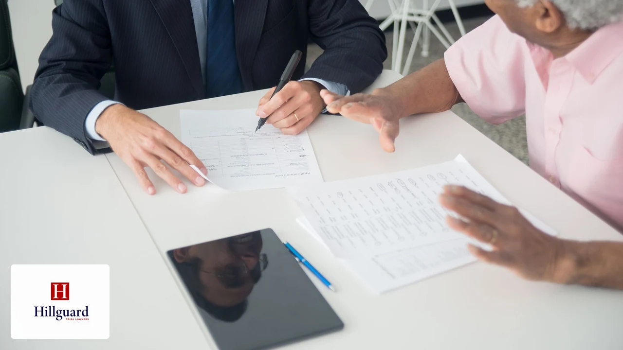 Claimant and an adviser going through insurance claim paperwork at a desk