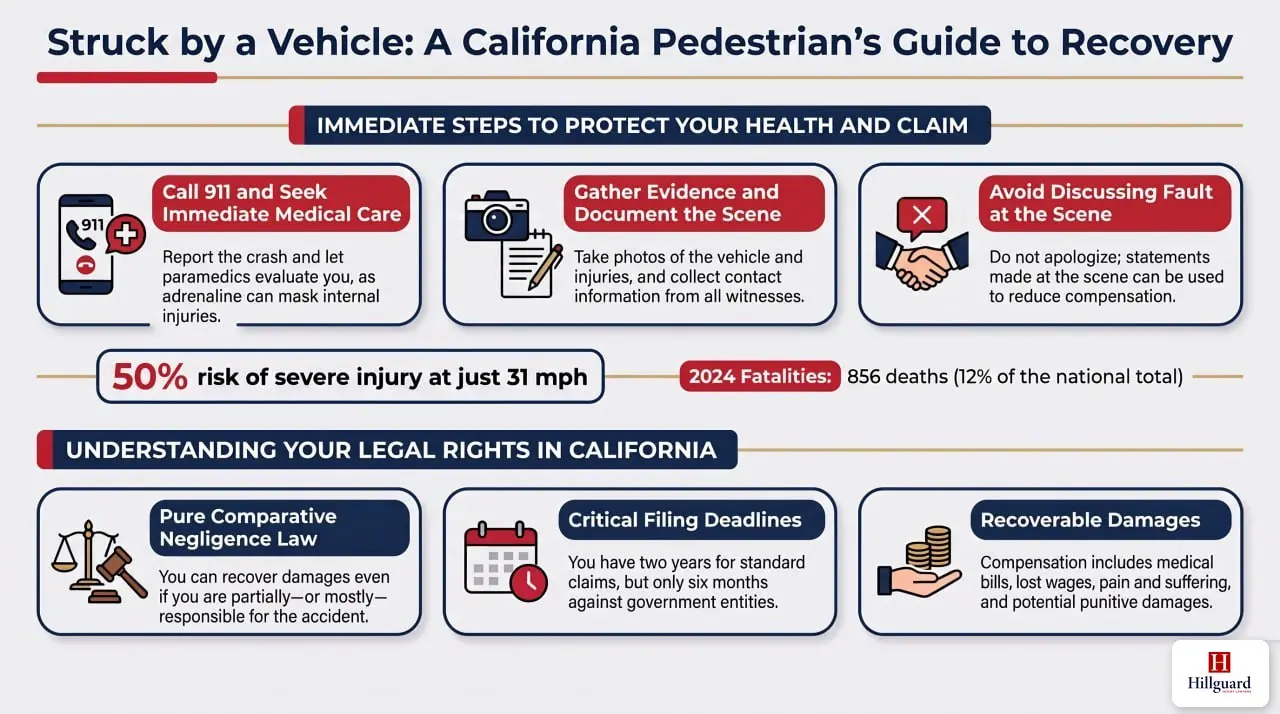 Infographic: struck by a vehicle in California, a pedestrian's guide to recovery, covering immediate steps after the crash, the 2024 California fatality figure, pure comparative negligence, filing deadlines and recoverable damages