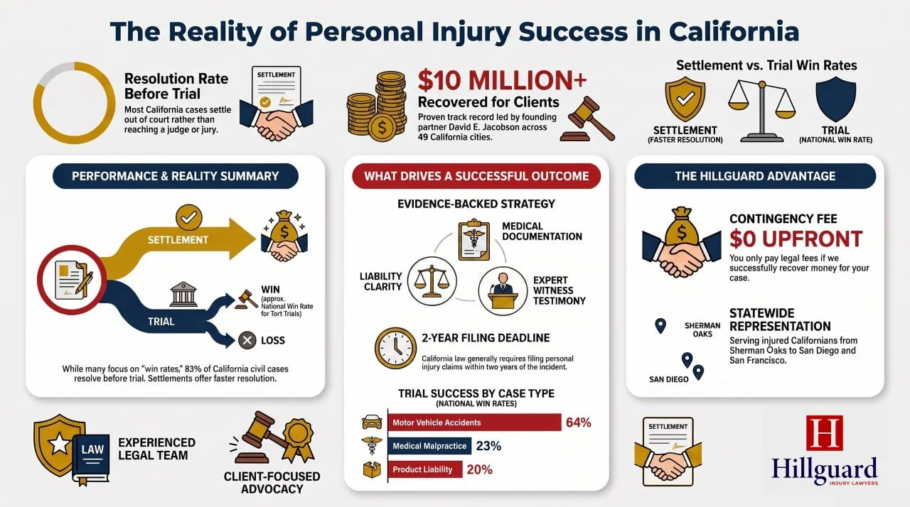 Infographic: the reality of personal injury success in California — 83% of cases settle, trial win rates by case type, and how Hillguard builds strong cases