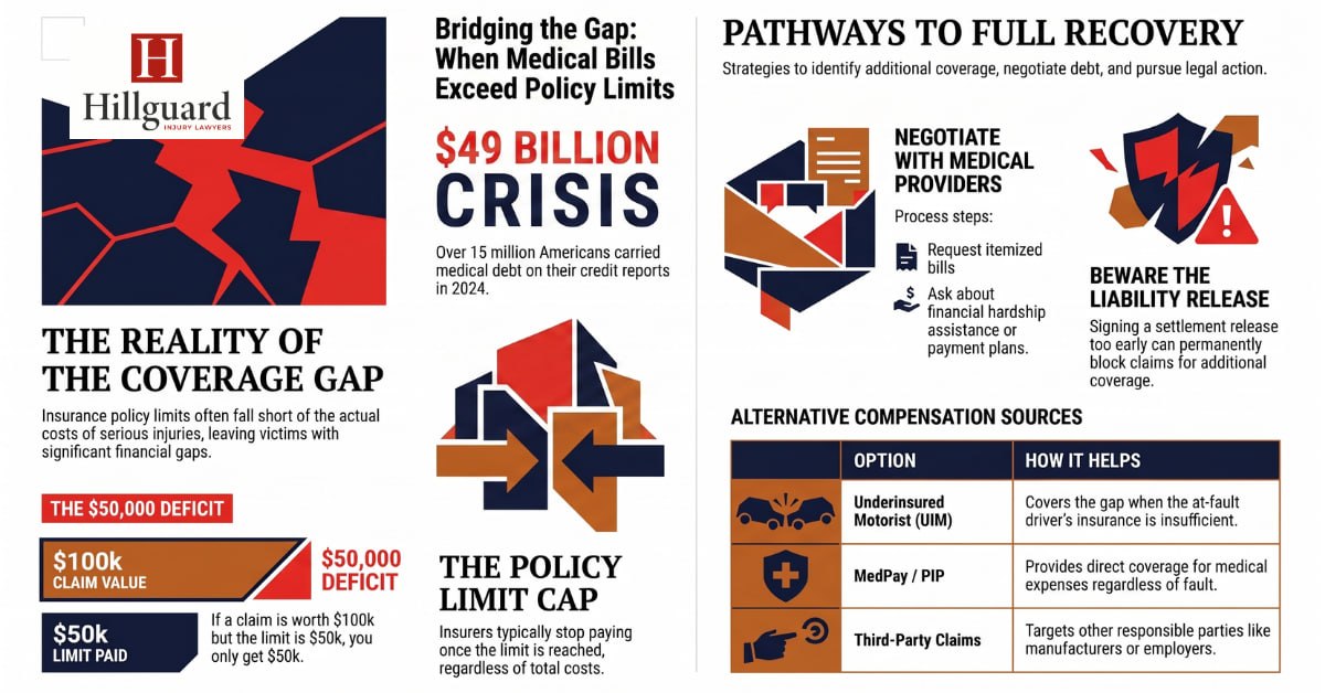 Infographic explaining insurance coverage gaps and options when medical bills exceed policy limits