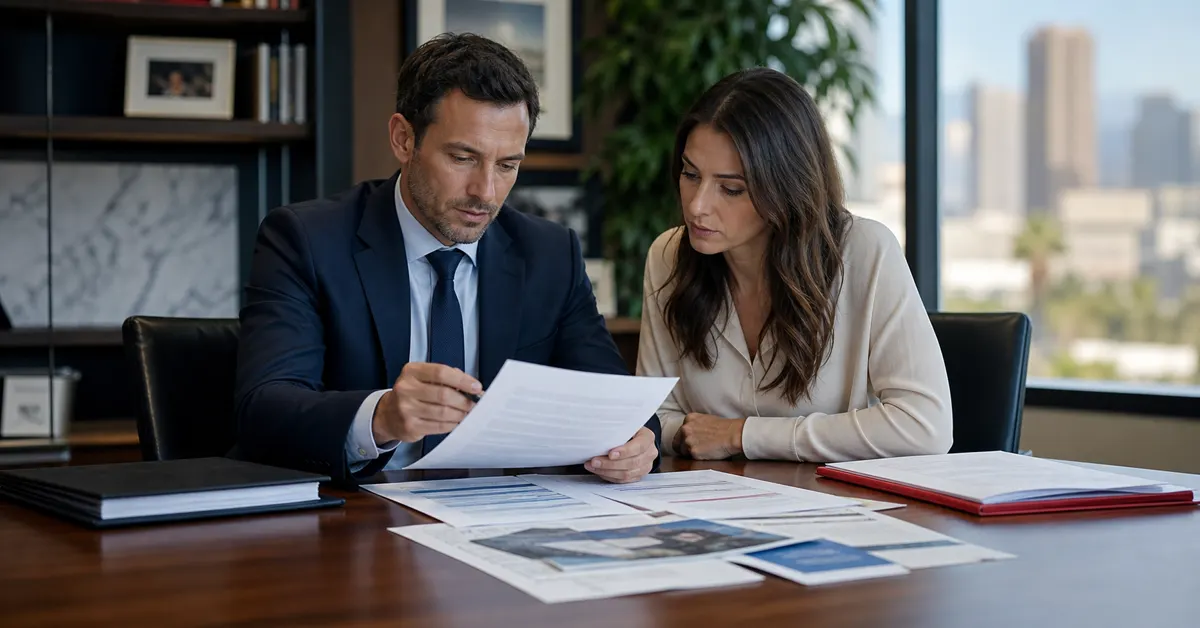 Personal injury attorney reviewing insurance policies, medical bills, and an accident report with a client