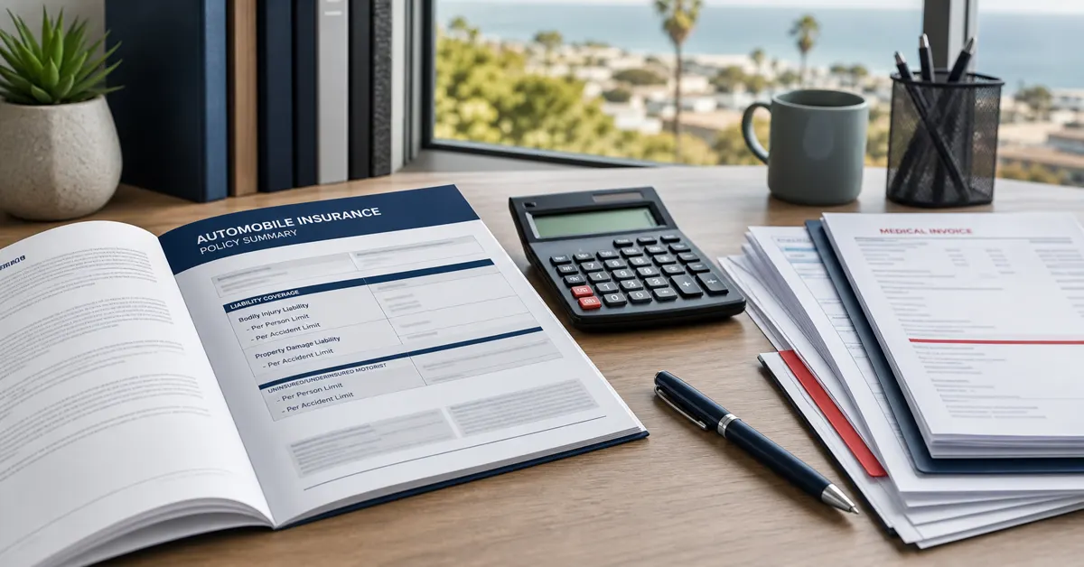 Auto insurance policy, calculator, and medical invoices illustrating per-person and per-accident coverage limits