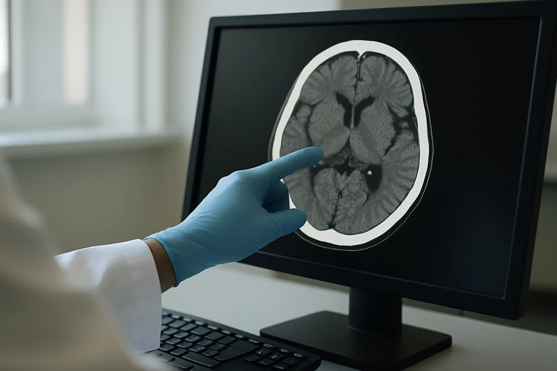 Neurologist reviewing a brain CT scan