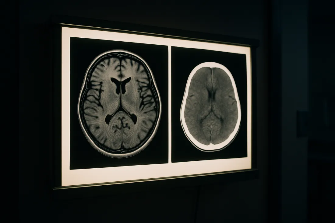Brain MRI and CT scans on a radiology lightbox