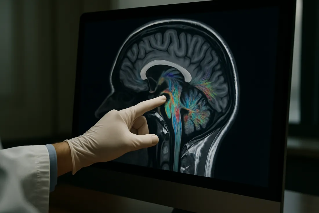 Clinician reviewing a detailed brain scan on a monitor