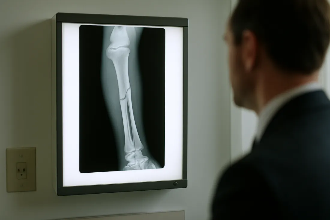 X-ray of a fractured forearm on a lightbox