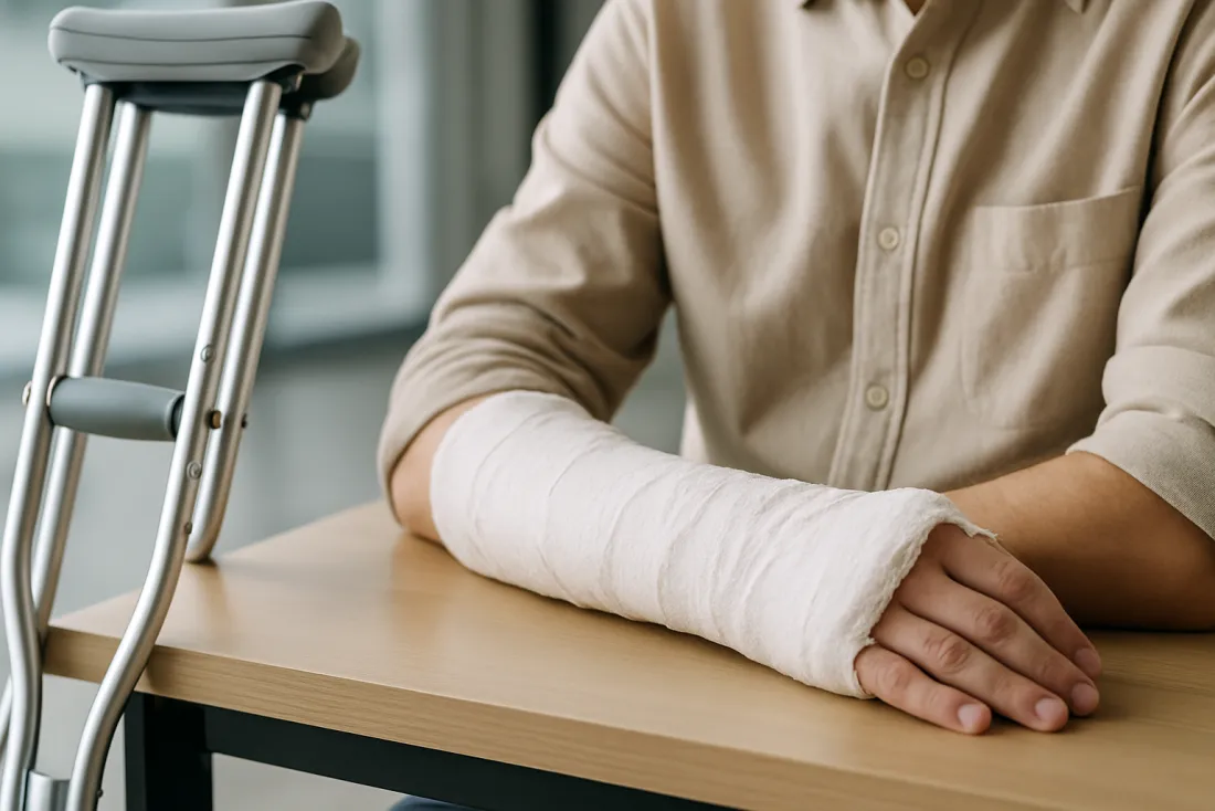 Arm in an orthopedic cast with crutches, injury recovery