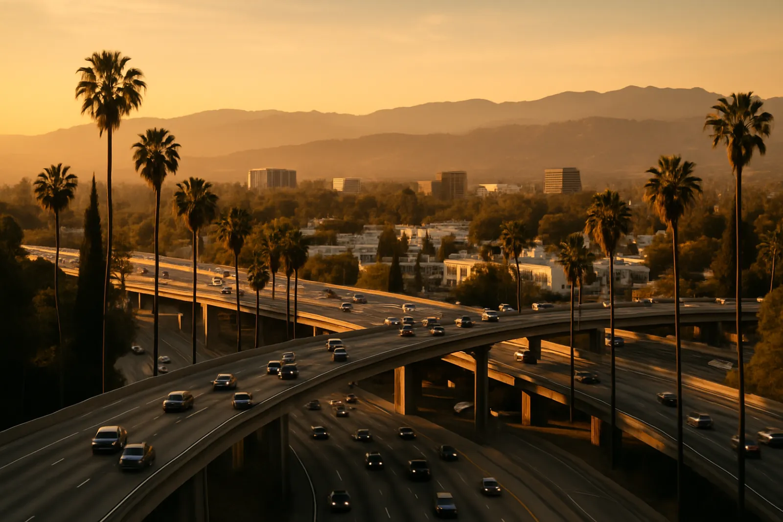 Freeway interchange near Sherman Oaks in the San Fernando Valley at golden hour