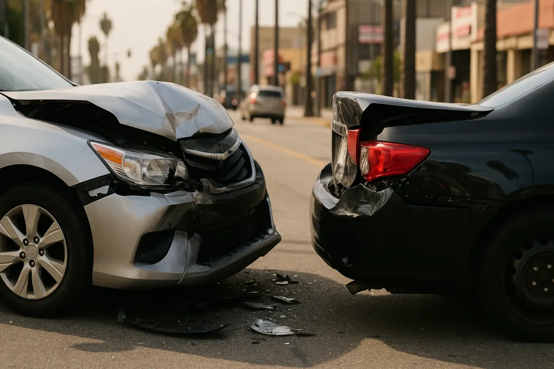 Collision damage to two cars after a Sherman Oaks car accident