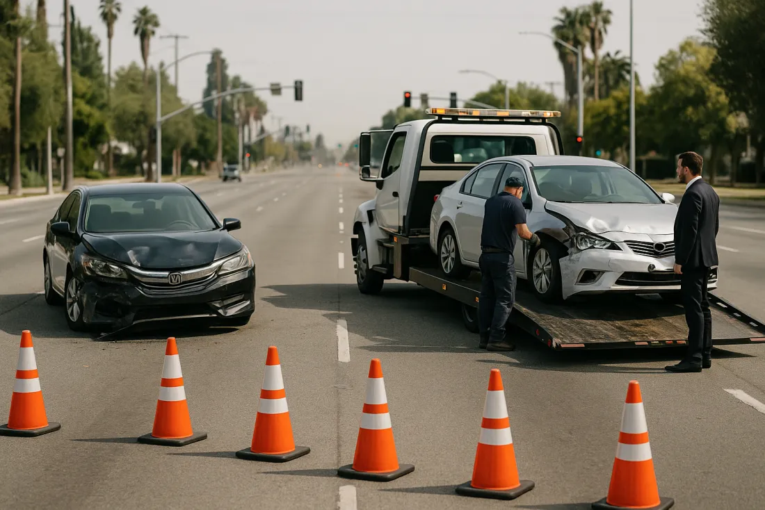 Two-car collision and tow truck on a Torrance boulevard