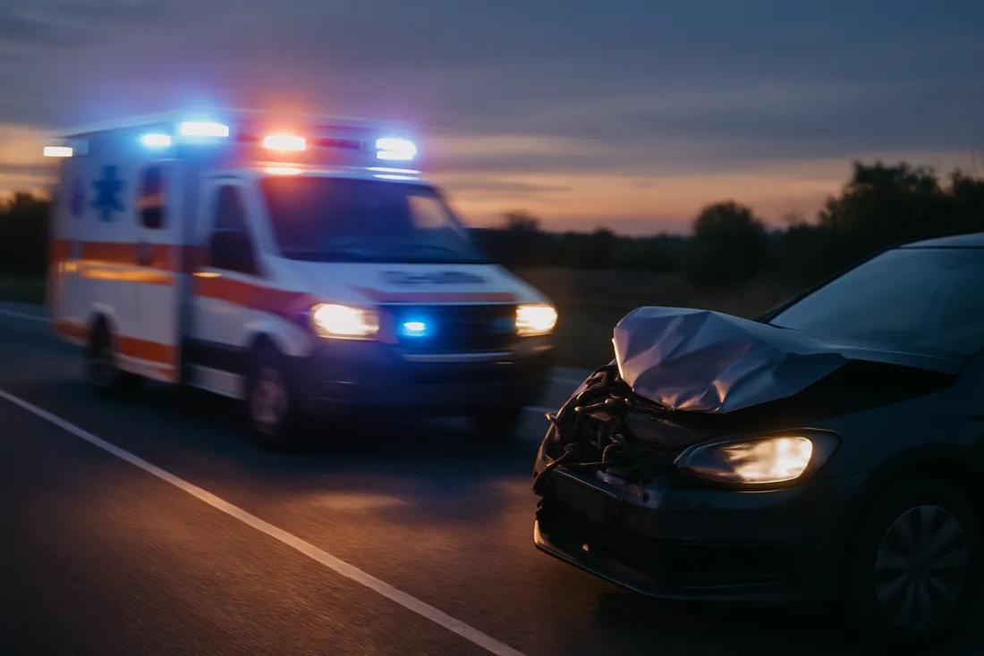 Ambulance responding to a car accident at dusk