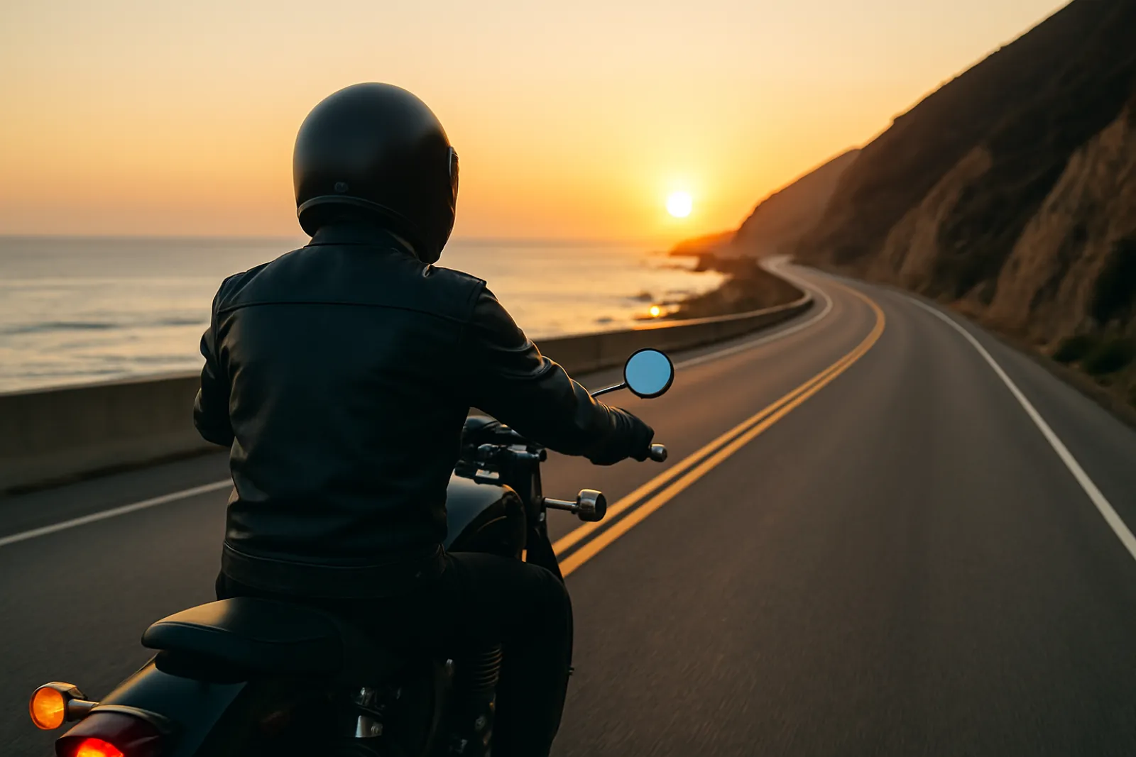 Motorcyclist riding the Pacific Coast Highway at sunset