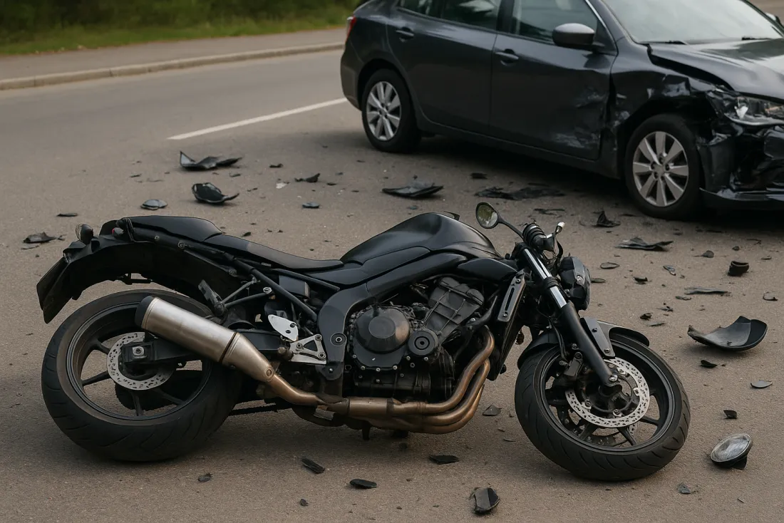 Motorcycle down on the road after a collision