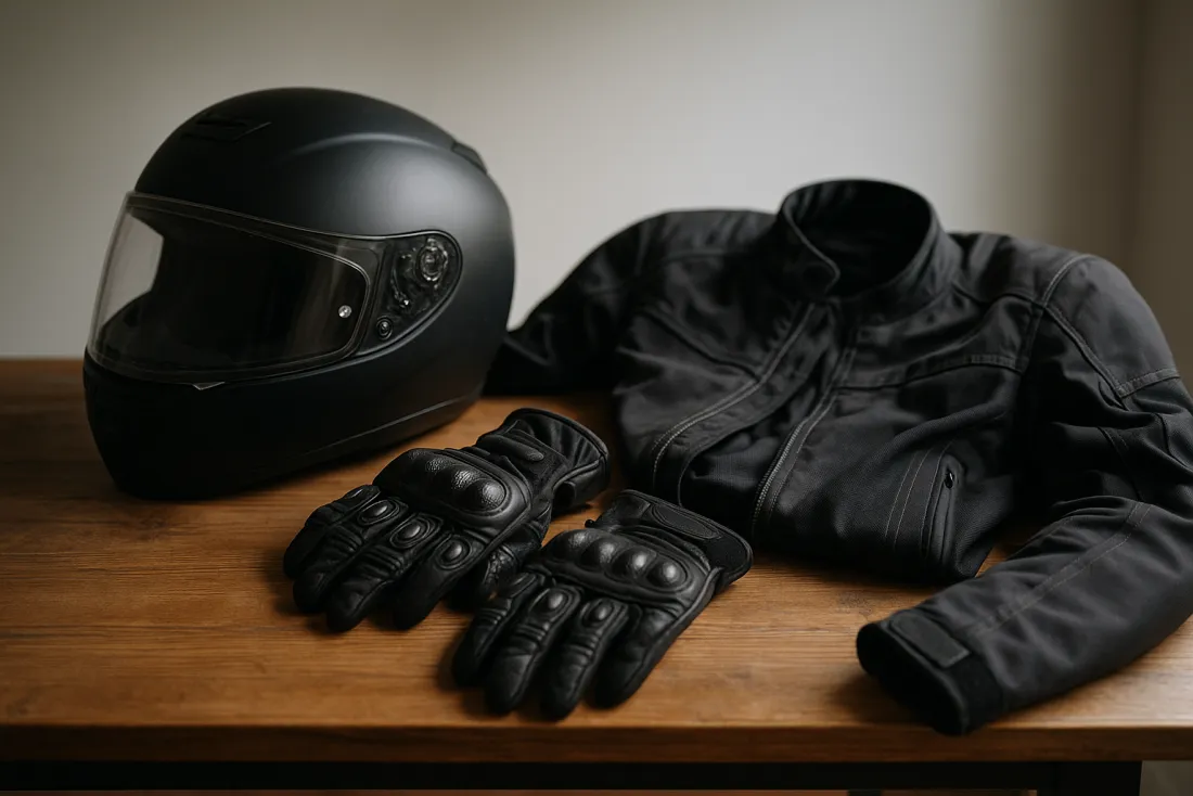 Motorcycle helmet, gloves and jacket safety gear