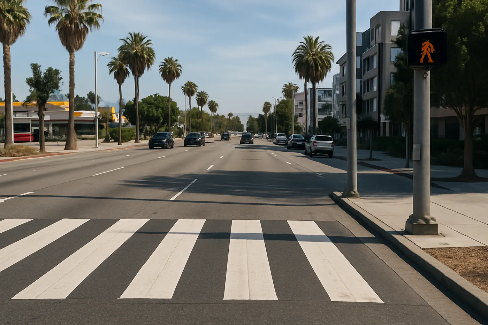 Marked crosswalk with pedestrian signal on a busy arterial