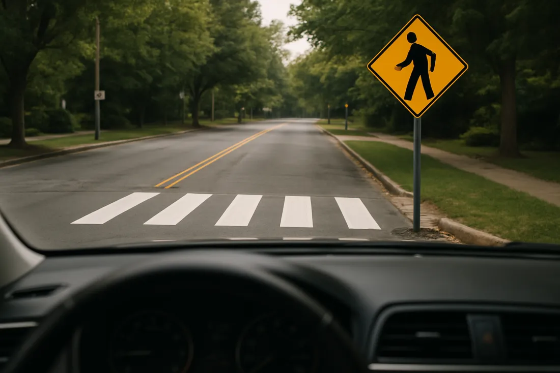 Driver approaching a pedestrian crosswalk