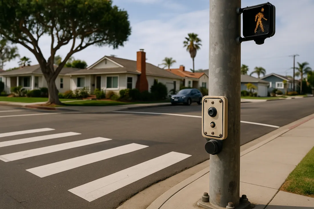 Pedestrian crossing button and signal at a street corner