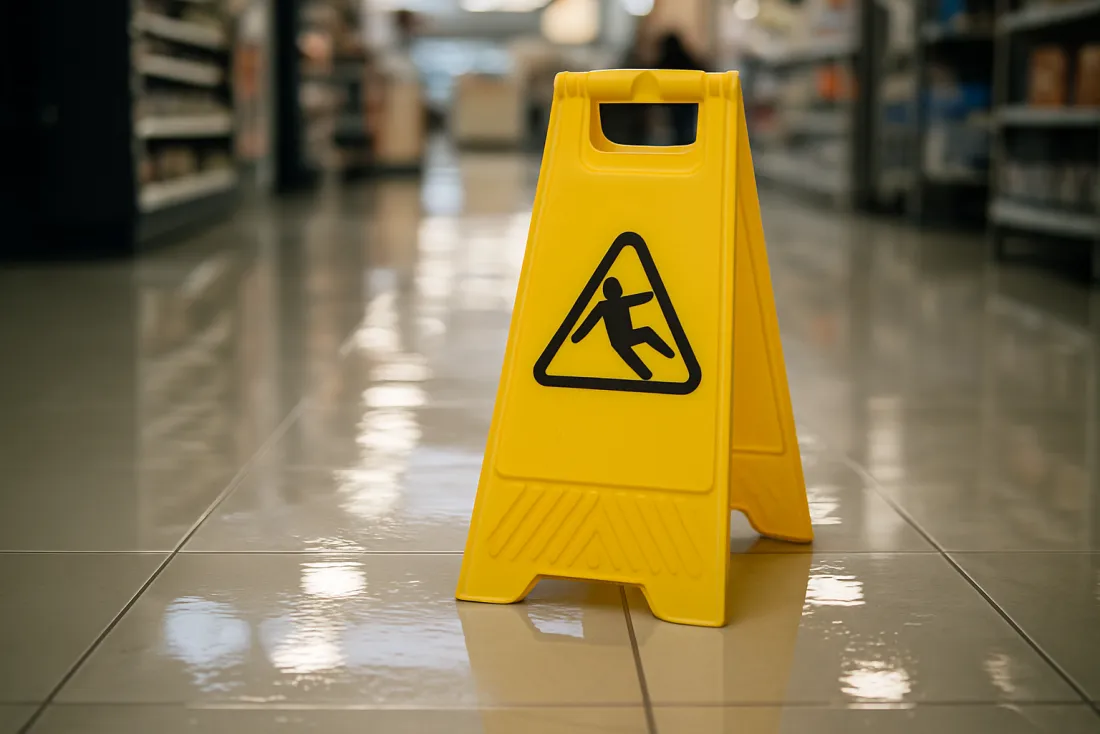Yellow wet floor caution sign on a slippery tile floor