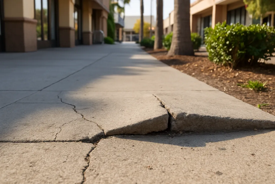 Cracked uneven sidewalk trip hazard